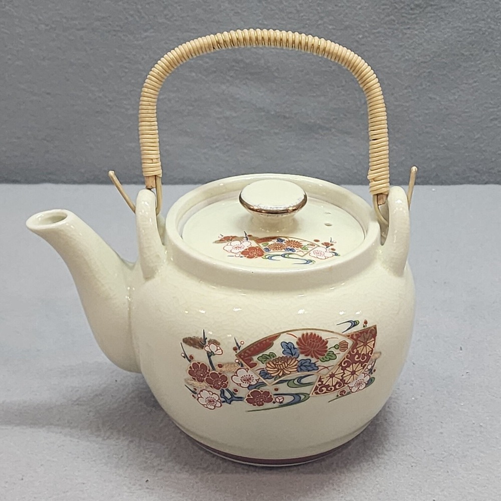 Kutani Teapot Cream Floral Fan Crackle Glaze Rattan Handle Japanese Porcelain